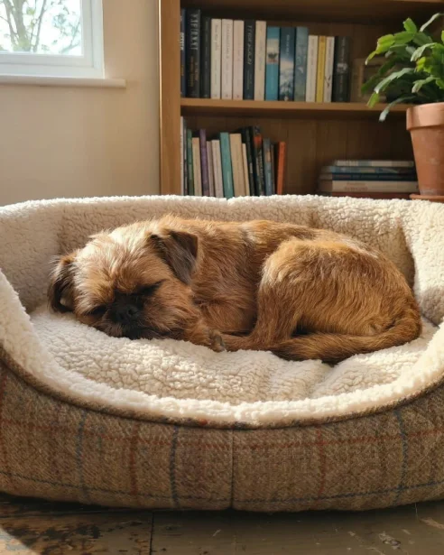 brussels griffon sleeping on dog bed