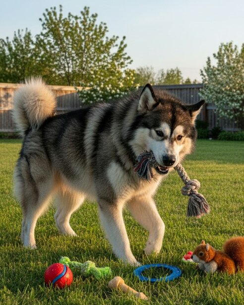 Alaskan Malamute playing with toys