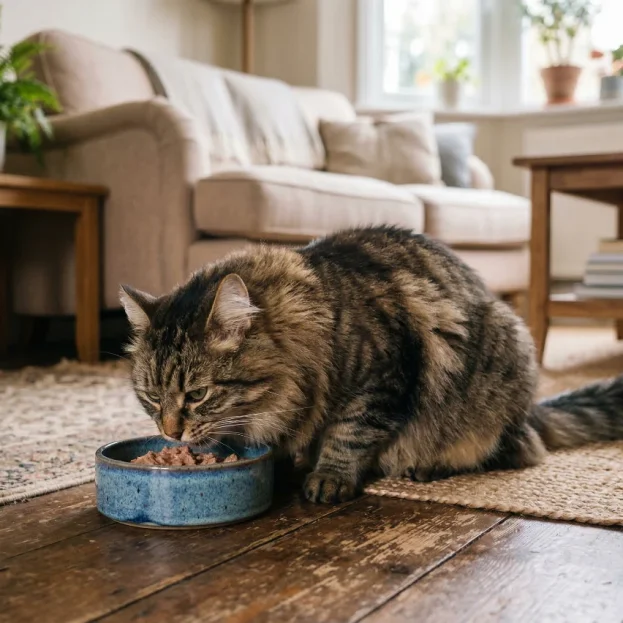 Siberian Cat eating from bowl