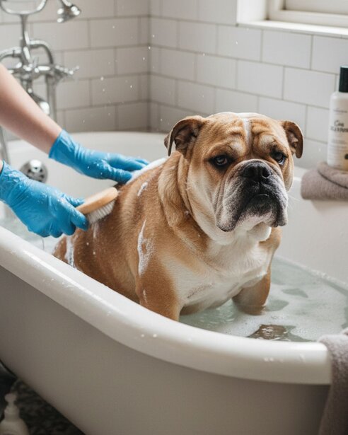 British bulldog having a bath
