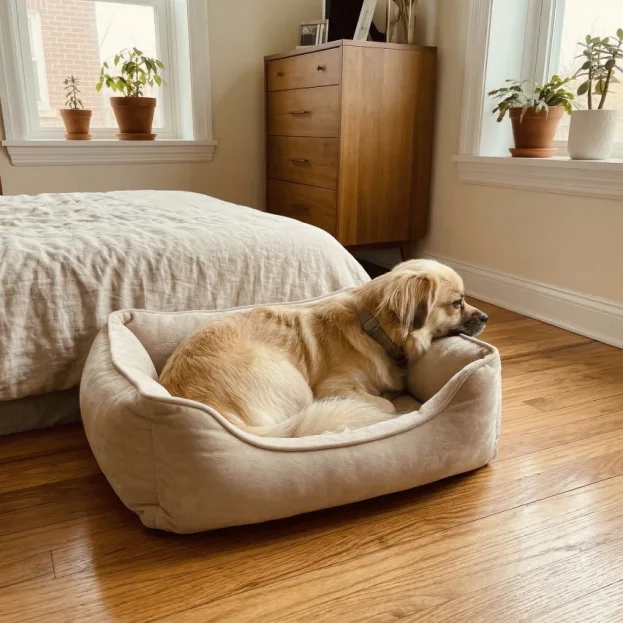 tibetan spaniel lying in dog bed