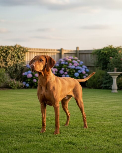 hungarian vizsla standing in backyard
