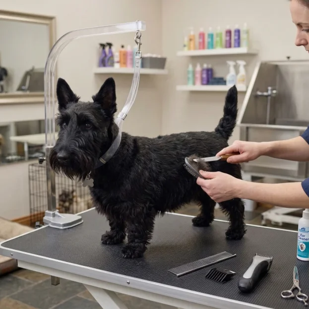 scottish terrier being professionally groomed