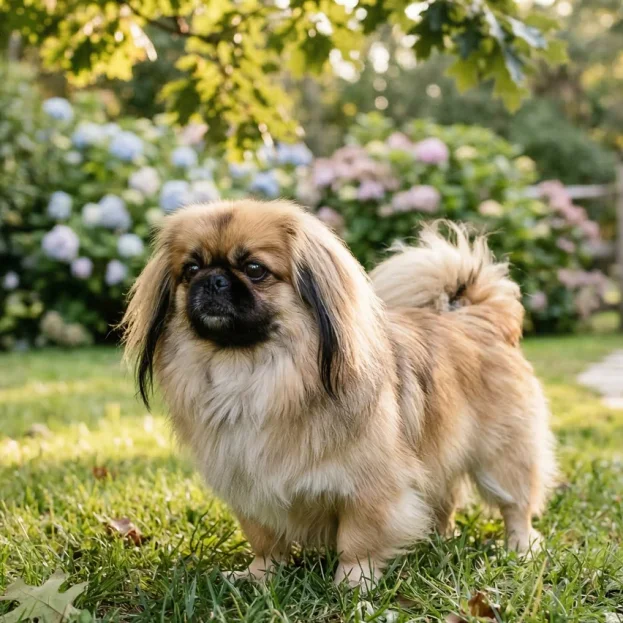 A full-body photograph of the Pekingese standing on a grassy lawn in a lush garden setting during golden hour, flanked by blooming hydrangeas and a rustic wooden fence.