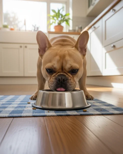 french bulldog eating dry food from stainless steel bowl