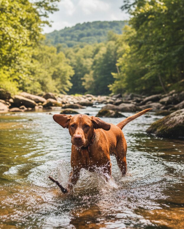 hungarian vizsla playing in water