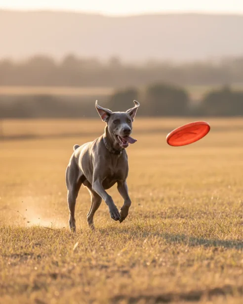 weimaraner playing outdoors with frisbee
