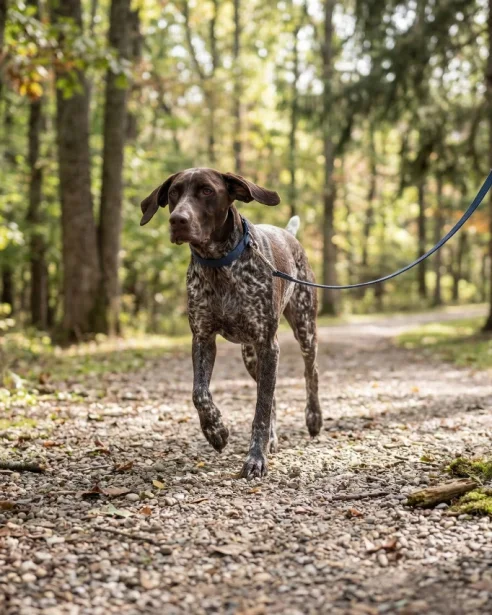 german shorthaired pointer on a walk through forest