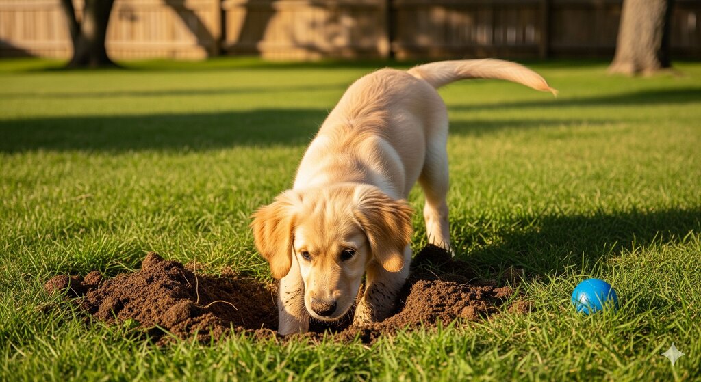 puppy digging in lawn