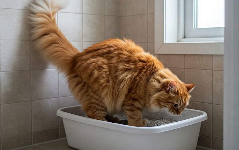 ginger cat standing in litter tray