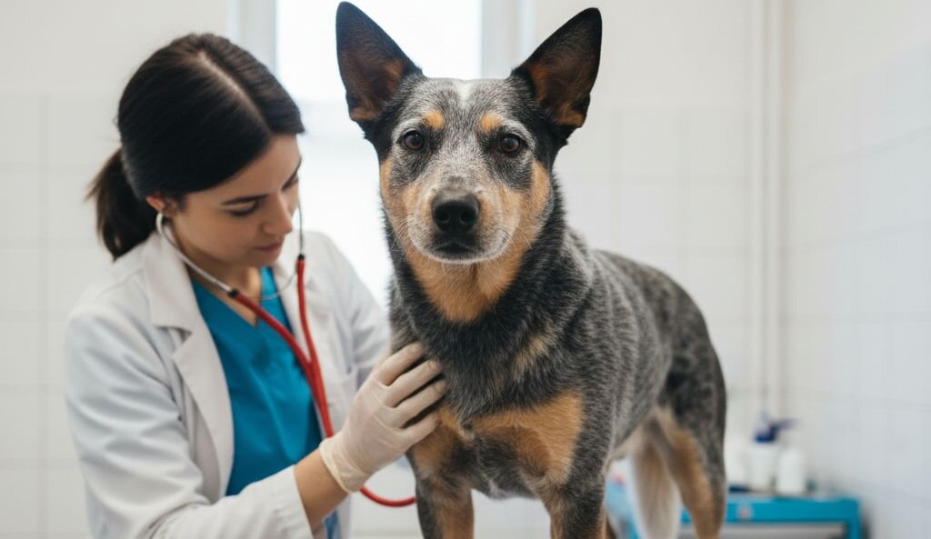 cattle dog being examined at vet