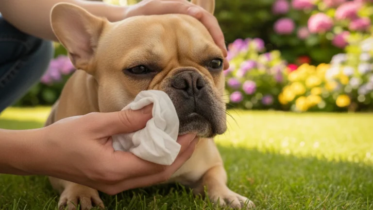 french bulldog having face wiped with pet wipe