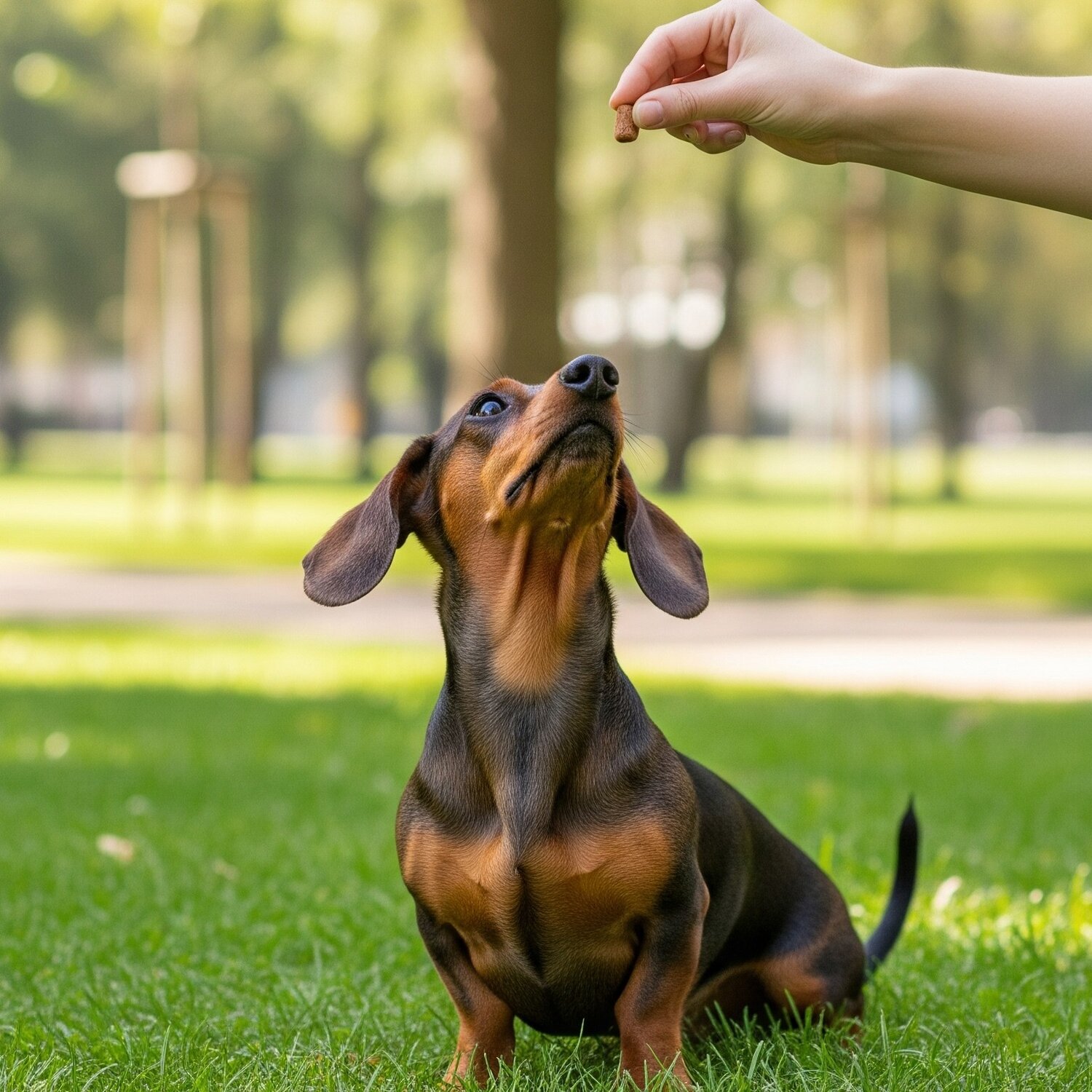 dachshund being trained to sit