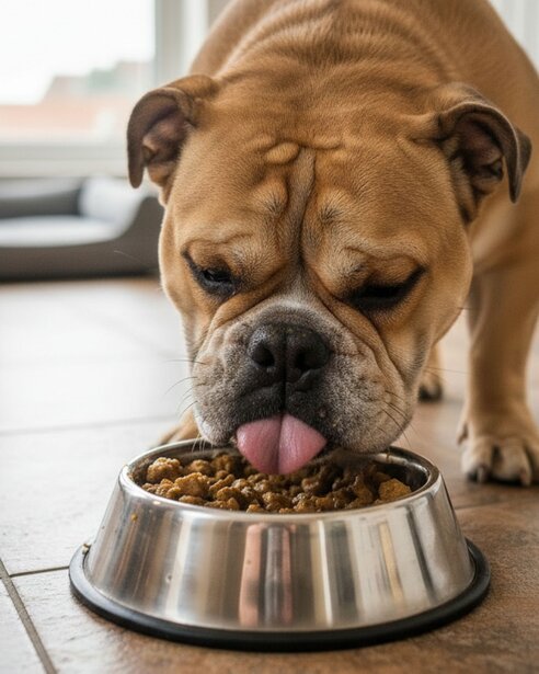 British bulldog eating from bowl