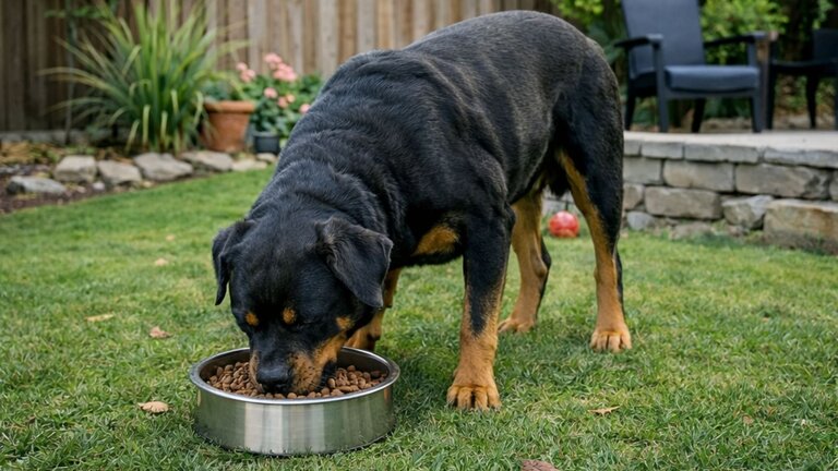 rottweiler eating from bowl ouside