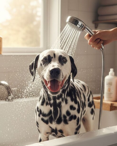 dalmatian-being-bathed