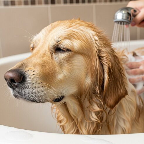 golden retriever having a bath