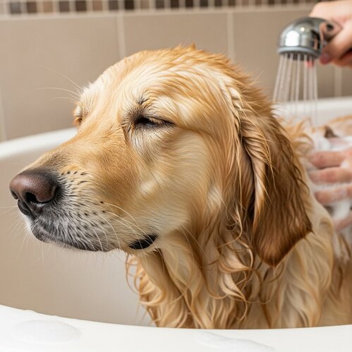 golden retriever having a bath