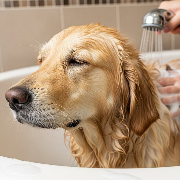 golden retriever having a bath