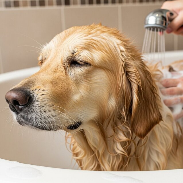 golden retriever having a bath