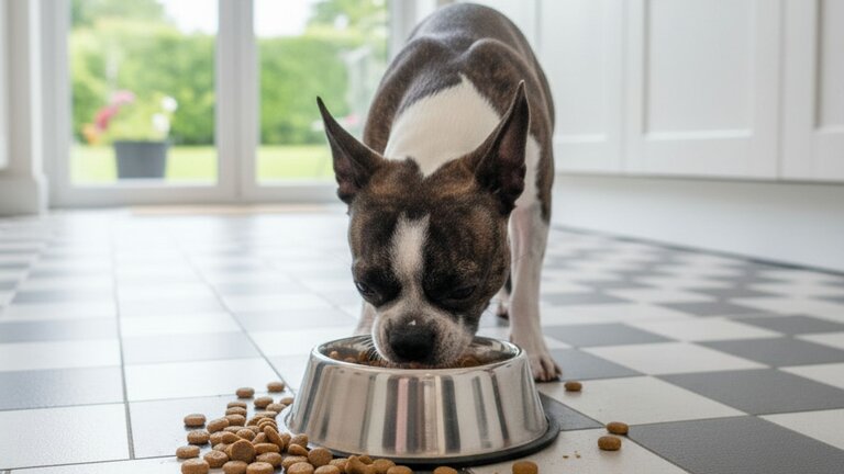 Boston terrier eating from bowl