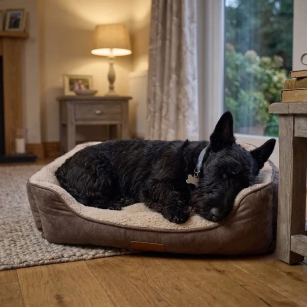 scottish terrier asleep on dog bed
