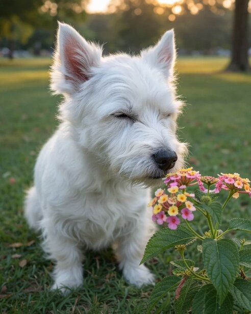 westie sniffing flowers