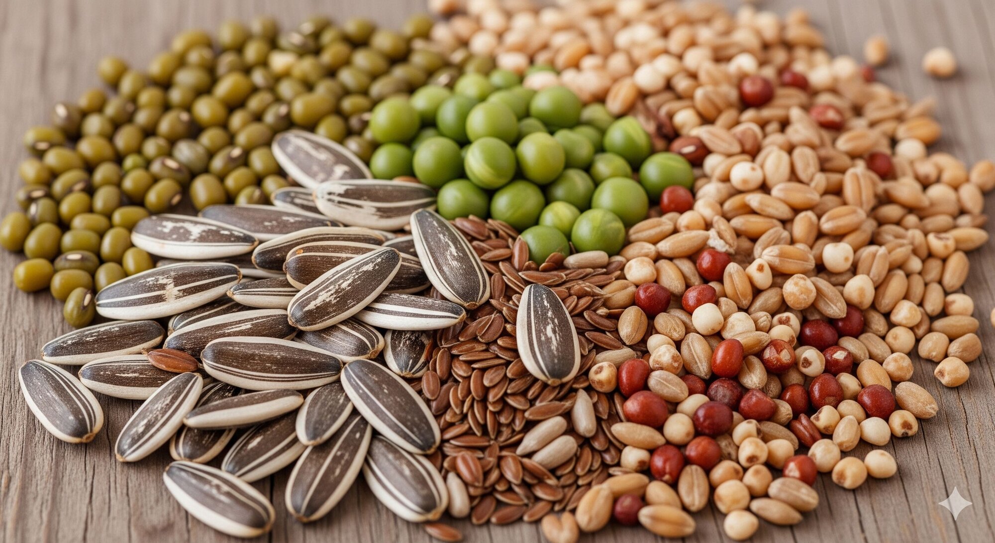 variety of seeds including sunflower, wheat, linseeds and peas