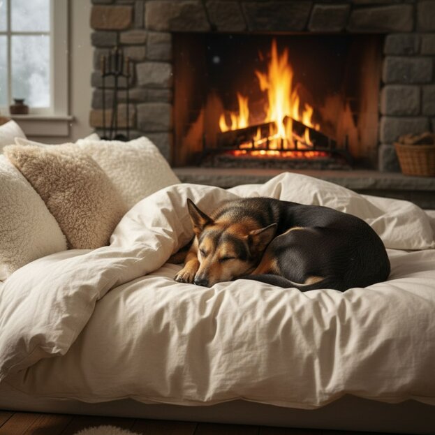 kelpie asleep on bed by fire
