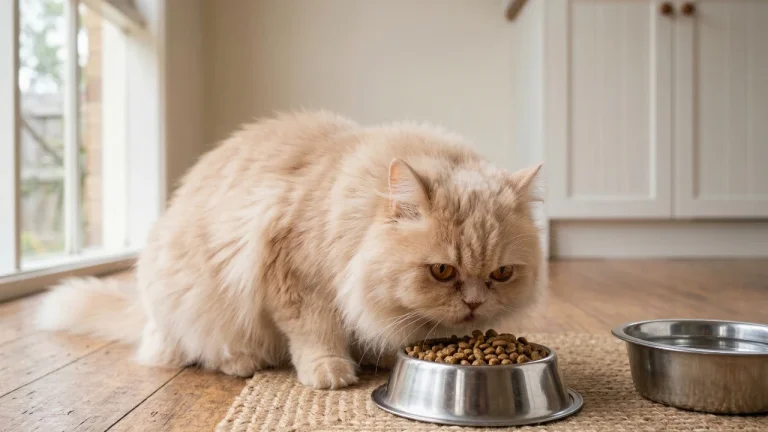 Persian cat eating dry food from bowl