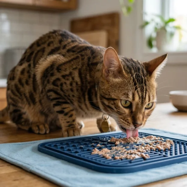 Bengal cat eating from lick mat