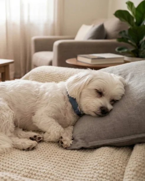 maltese sleeping on sofa