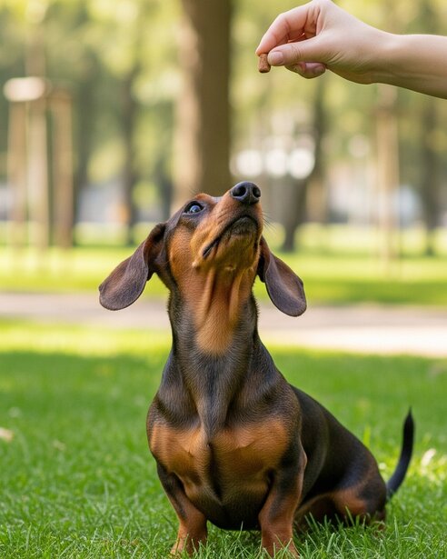 dachshund being trained to sit