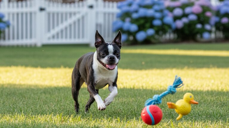 Boston terrier playing with toys outdoors