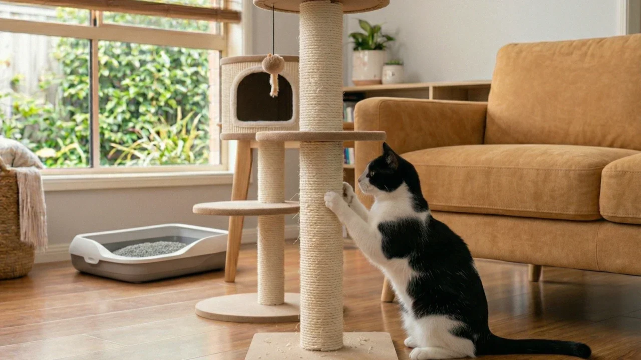 black and white cat scratching a cat tree