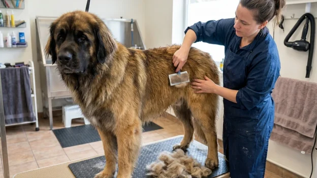 A Leonberger dog having their coat brushed 