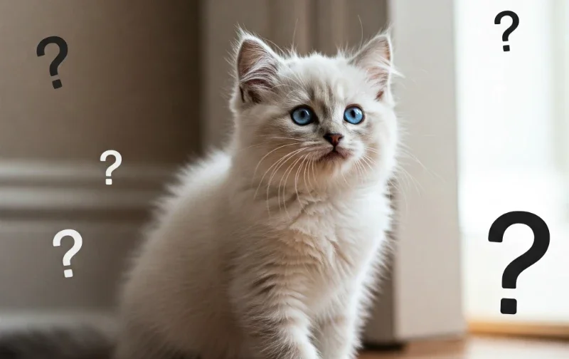 kitten surrounded by question marks