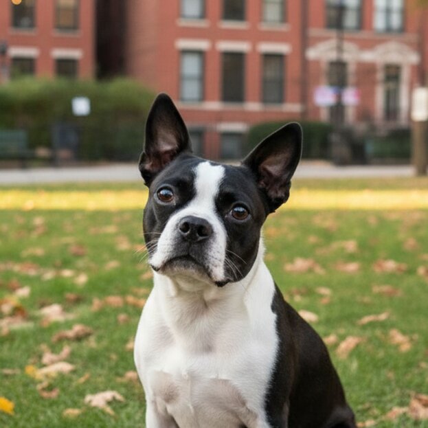 Boston terrier sitting outdoors