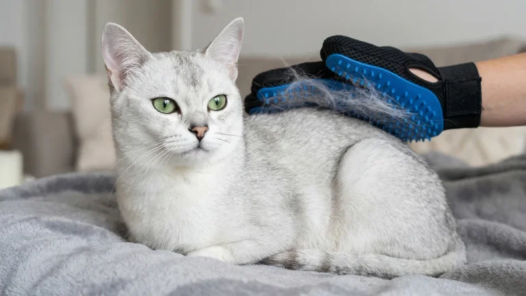 burmilla being groomed with grooming glove