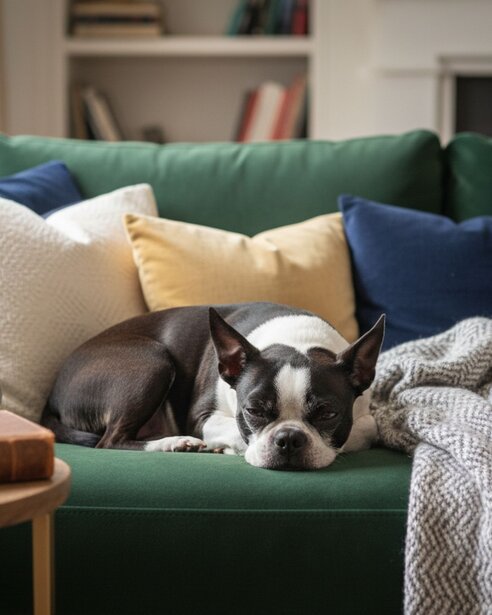 Boston terrier resting on sofa