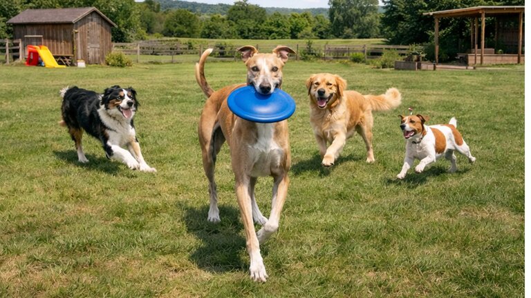 greyhound playing with frisbee and other dogs