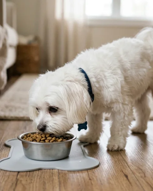maltese eating dry food from stainless steel bowl