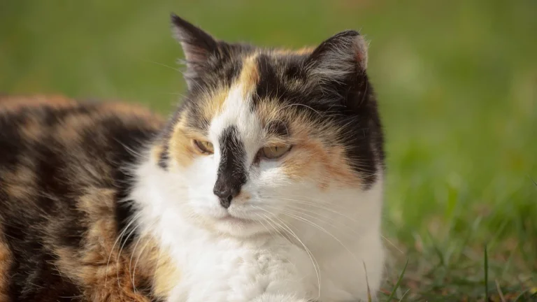tortoiseshell cat lying down outdoors