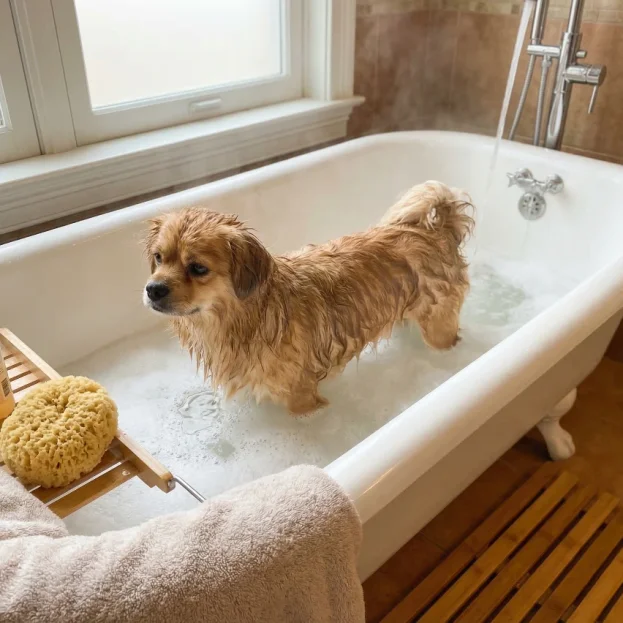 tibetan spaniel having a bath
