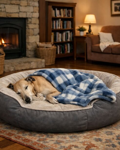 greyhound sleeping on bed