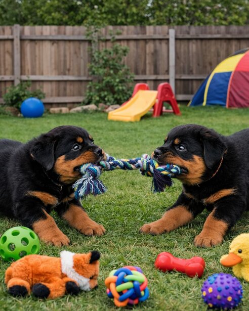 2 rottweiler puppies playing