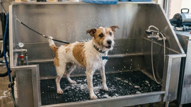 jack russell being bathed professionally