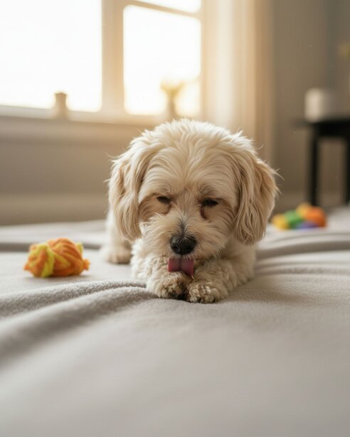 havanese licking paw