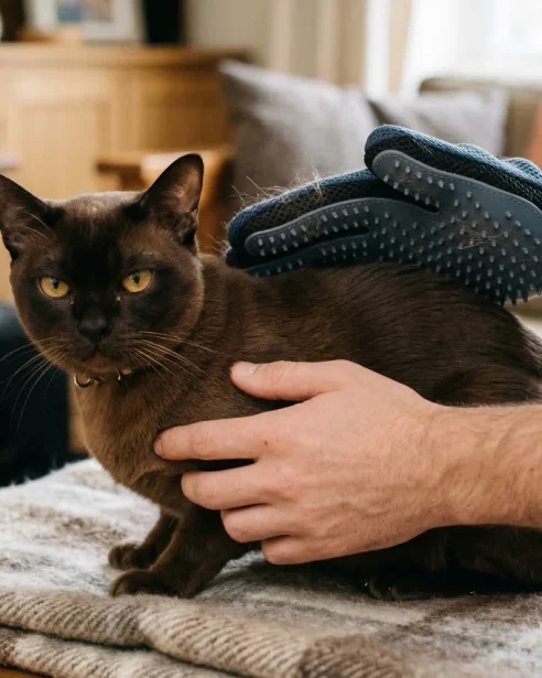 burmese cat being groomed