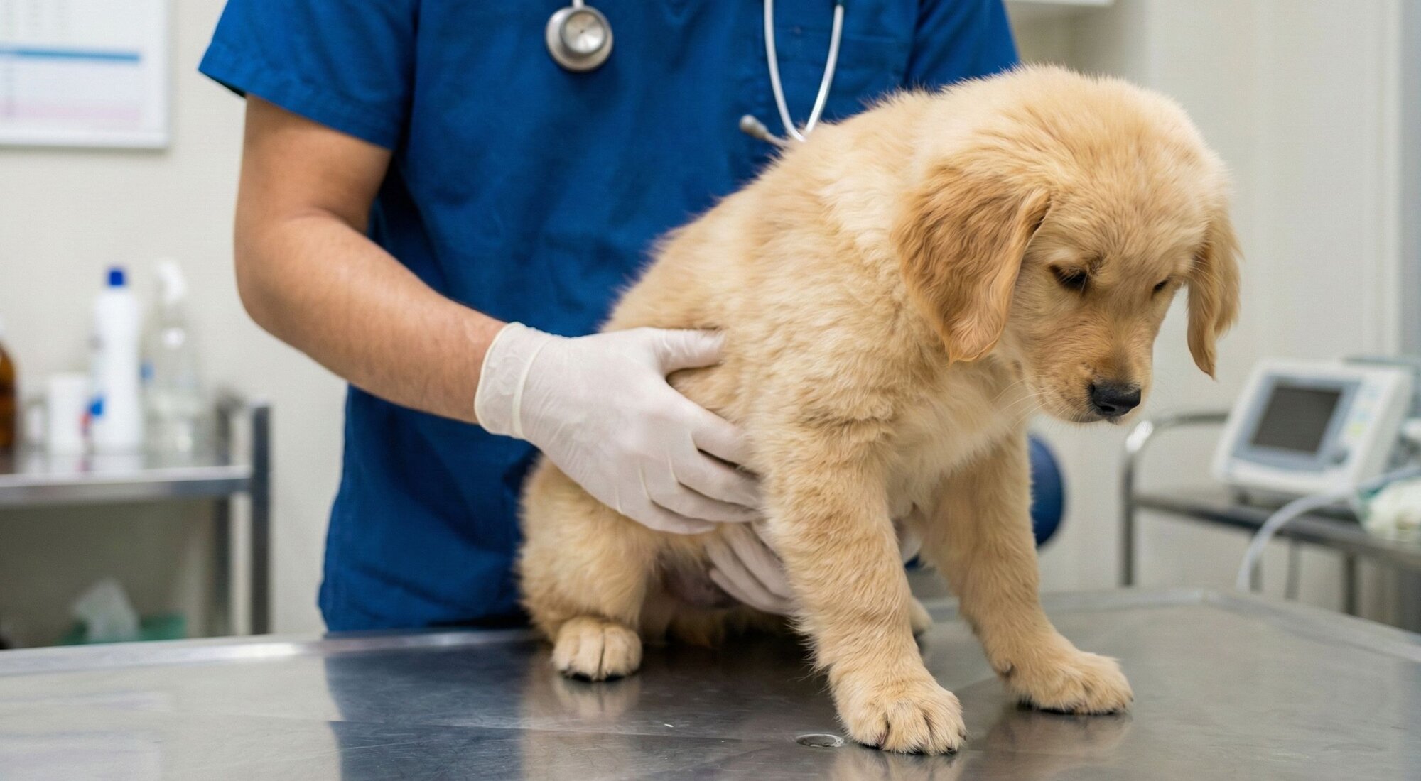 puppy being examined on veterinary exam table